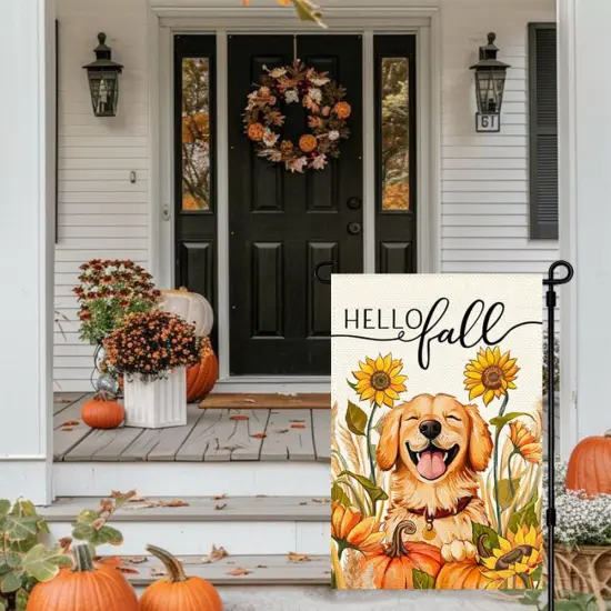 12x18 Inch - Hello Fall Dog Garden Yard Flag (Orange) {3}