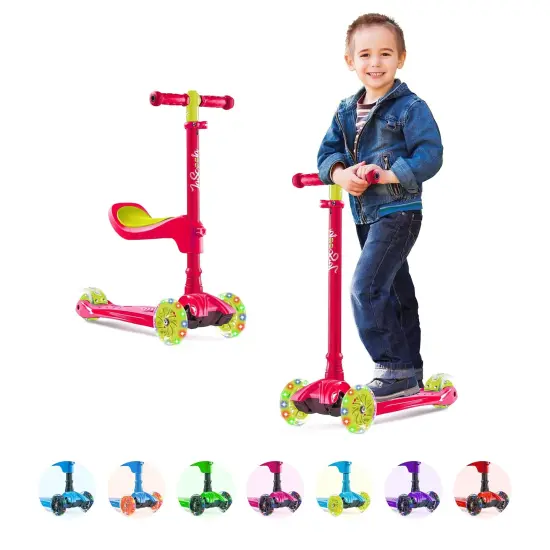LaScoota 2-in-1 Kids Kick Scooter, Adjustable Height Handlebars and Removable Seat, 3 LED Lighted Wheels and Anti-Slip Deck, for Boys & Girls Aged 3-14 and up to 100 lbs, Fun Scooter with Seat Pink {2}