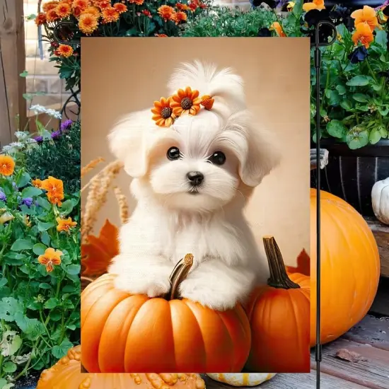 12x18 Inch - Happy Fall Dog Thanksgiving Garden Yard Flag (Maltese Dog) {4}