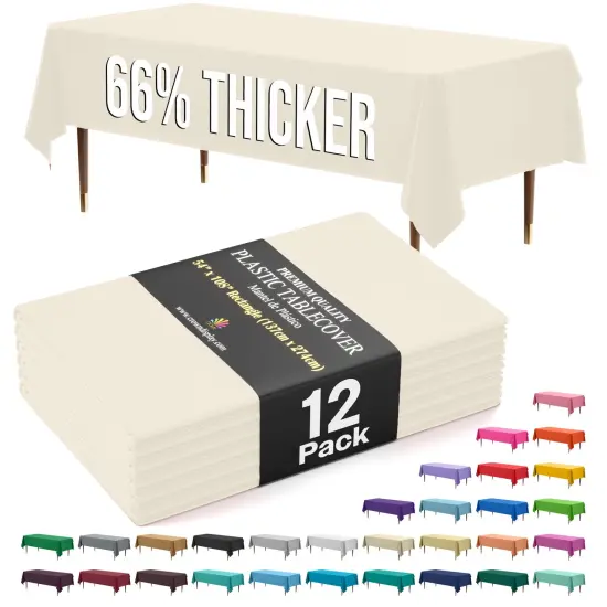 Exquisite 12-Pack Premium Plastic Tablecloth 54in. x 108in. Rectangle Plastic Table Cover Ivory {1}