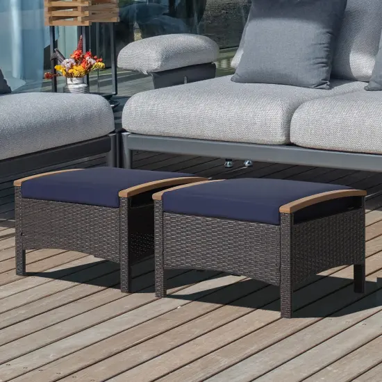 Costway Set of 2 Patio Rattan Ottoman Footrest Cushions Wooden Handle Off White\Brown\Red\Navy {1}