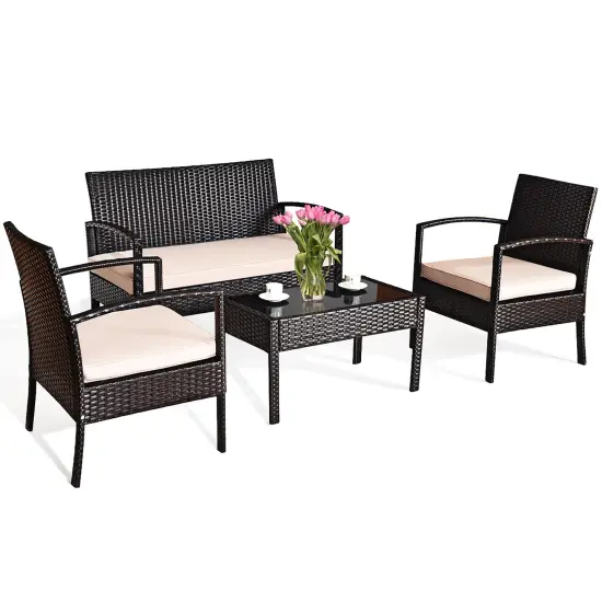 Costway Patio Rattan 4PCS Conversation Furniture Set Cushioned Seat Glass Table {3}