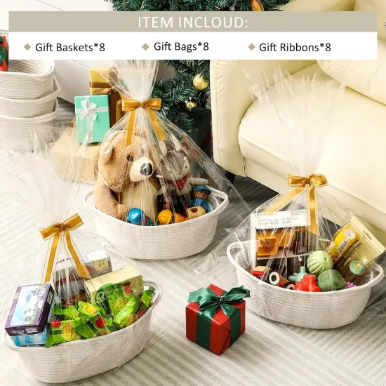 4 Pack Small Woven Basket with Handles, All 12"x 8"x 5", Cotton Rope Room Shelf Storage Basket, Cat Toys, Cute Baby Gift Basket with Gift Bags and Ribbons for Nursery, Empty Decorative Gift Chest Box {2}