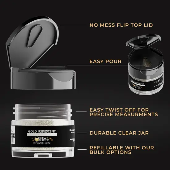 Brew Glitter - Gold Iridescent Edible Drink Glitter (4g, x1 Flip-Cap Jar) for Beer, Cocktails and Beverages {5}