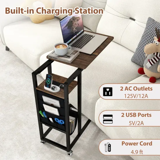 C-shaped End Table with Charging Station and Retractable Tabletop-Rustic Brown {6}