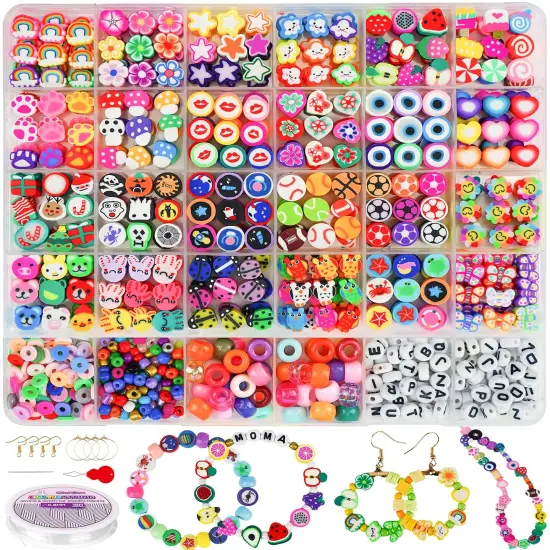 1000PCS Polymer Clay Beads Bracelet Making kit, 24 Style Cute Fun Fruit Flower Rainbow Butterfly Animal Heart Star Beads Charms for Jewelry Necklace Making Gift for Girls Kids {1}