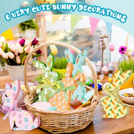 6 Pcs Easter Bunny Wooden Signs Bunny Decor Easter Tabletop Decor Rabbit Shape Table Sign {4}