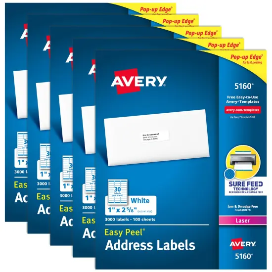 Avery Easy Peel Printable Address Labels with Sure Feed, 1" x 2-5/8" Customizable Stickers, White, 3,000 Blank Mailing Labels, Great for Mailing, Shipping, and More (5160) - 5 Pack {1}