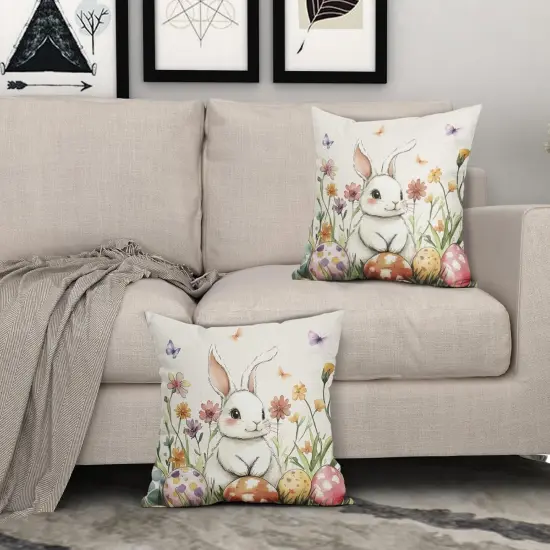 Happy Easter Pillow Covers 18x18 Inch Cute Bunny Easter Egg and Floral Outdoor Throw Pillows Set of 2 Spring Flowers Pillowcases {3}