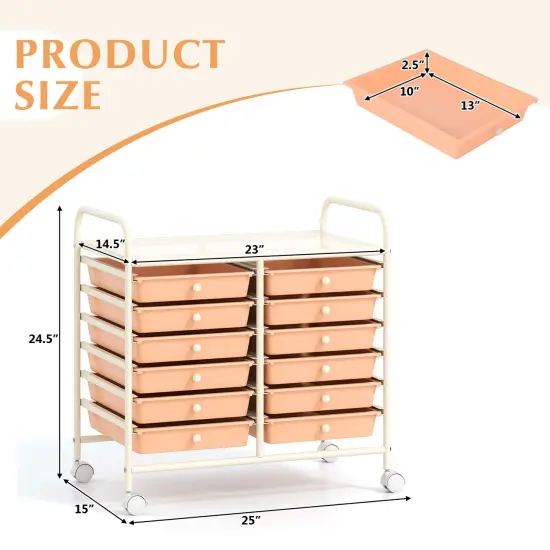 12 Removable Drawers Rolling Storage Cart with 4 Universal Wheels and Metal Frame Peach {5}