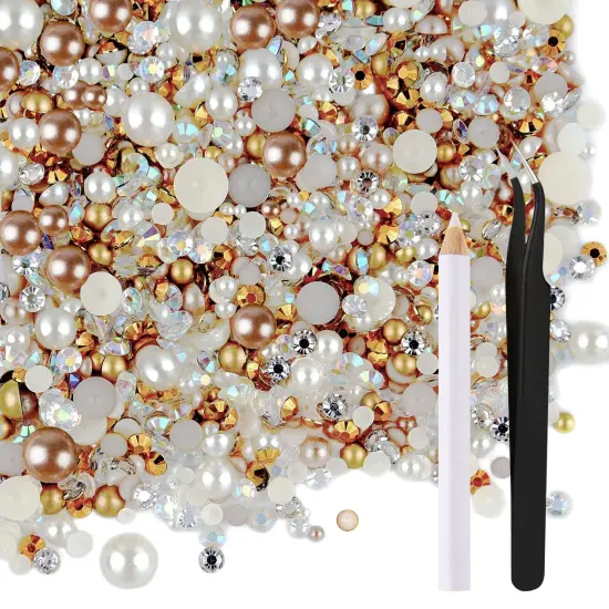 50g Mix Flatback Rhinestones Half Pearls for Craft Mixed Size 3mm-10mm Flat Back Rhinestones for Crafts Flatback Pearls for DIY Tumblers Mugs Nail Art Shoes Clothes (Champagne Gold Series) {1}