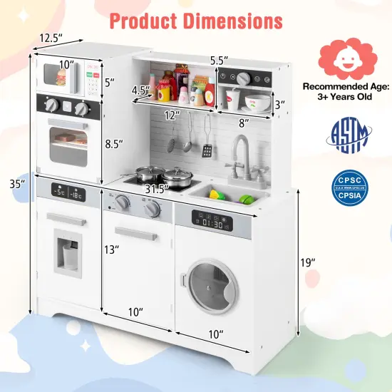 Pretend Play Kitchen Wooden Toy Set Kitchen Accessory Playset with Real Lights Sounds-White {5}