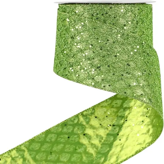 Lime Green Christmas Ribbon 4 inch Lime Green Glitter Wired Ribbon Diamond Mesh Wire Ribbon for X-mas Tree Decorations, Wreaths, Garland, Large Bows Making, Halloween Decor -10 Yards {1}