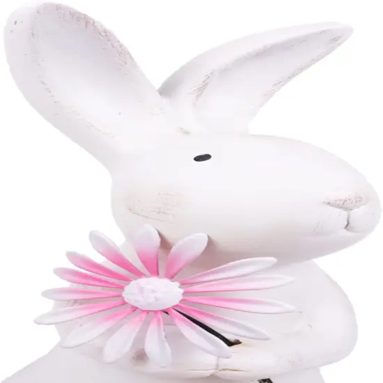 Spring Easter Decorations, 13.2" Distressed Resin Easter Bunny with Pink Flower, Easter Gifts, Farmhouse Decorative Rabbit for Tabletop Mantel, Spring Garden Yard Decor {3}