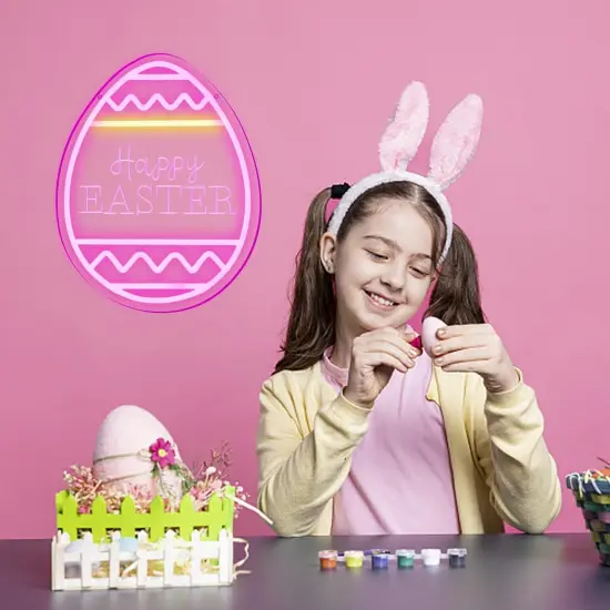 Happy Easter Neon Sign Easter Festival Lighted Window Decorations LED Aesthetic Living Room Decor Rabbit Decorative Neon Window Lights for Girls Kids Bedroom Wall Home {4}