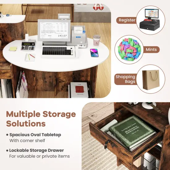 Rustic Brown Modern Reception Desk Front Counter Desk with Oval Tabletop and Lockable Storage Drawer {6}