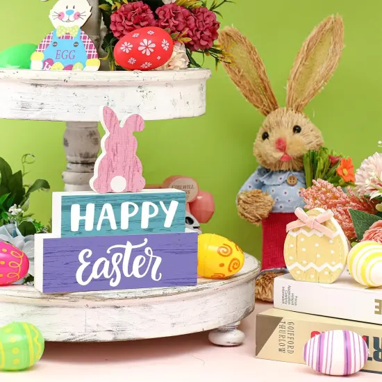 4 Pcs Spring Easter Decorations Reversible Welcome Spring Tabletop Decor Happy Easter Bunny Egg Wood Signs Double Side Rustic Farmhouse Tiered Tray Decor for Home Table Shelf Centerpieces {3}