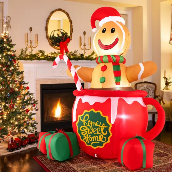 7 Feet Inflatable Gingerbread Man Hot Cocoa Mug with Built-in LED Lights and Gift Boxes {2}