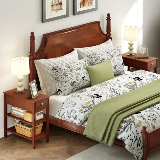 3-Tier Narrow End Table with Drawer and Storage Shelves Set of 2-Brown {2}