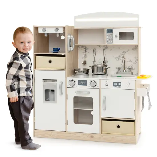 Kids Kitchen Playset with Adjustable LED Lights Removable Fabric Bins-White {3}