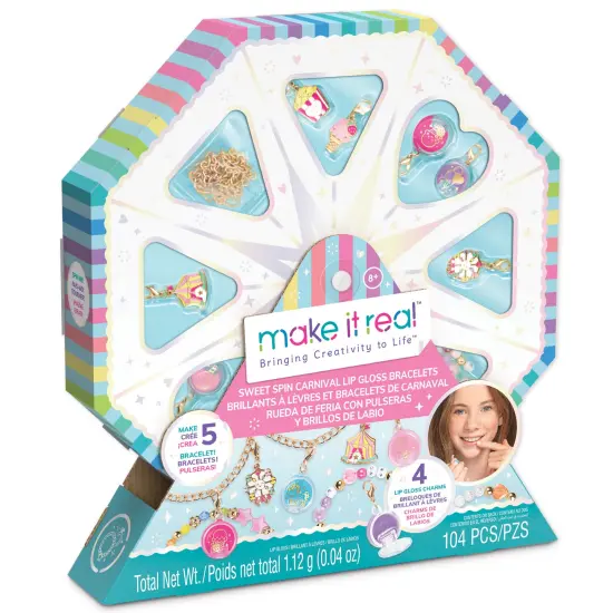 Make It Real: Sweet Spin Carnival Lip Gloss Bracelets - 104pc, DIY Jewelry Craft Kit, Design 5 Charm Chain Bracelets, Strawberry-Scented Gloss, Kid 8+ {1}