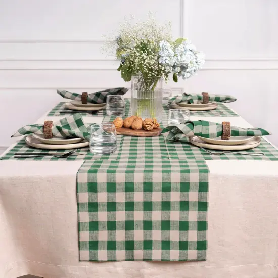 Checkered Linen Table Runner 60 inch - 100% Pure Linen Green and Natural Plaid Table Runner 14 x 60 Inch Ideal for Dresser and Coffee Tables - Morgan Check {3}