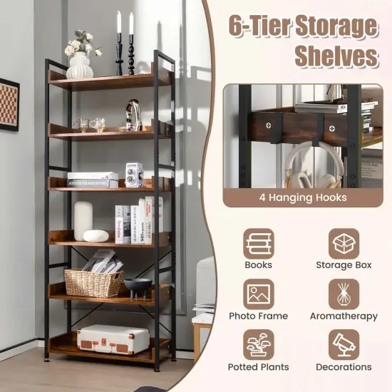 Costway 6-Tier Bookshelf Open Display Shelves Storage Rack Metal Frame with 4 Hooks Rustic {6}