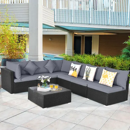 Costway 7PCS Patio Rattan Sofa Set Sectional Conversation Furniture Set Garden Beige/Navy/Gray {4}