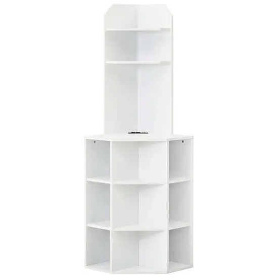 Costway 6-Tier Corner Shelf 63" Tall Corner Bookshelf with 2 USB Ports & Charging Station Brown/White {8}