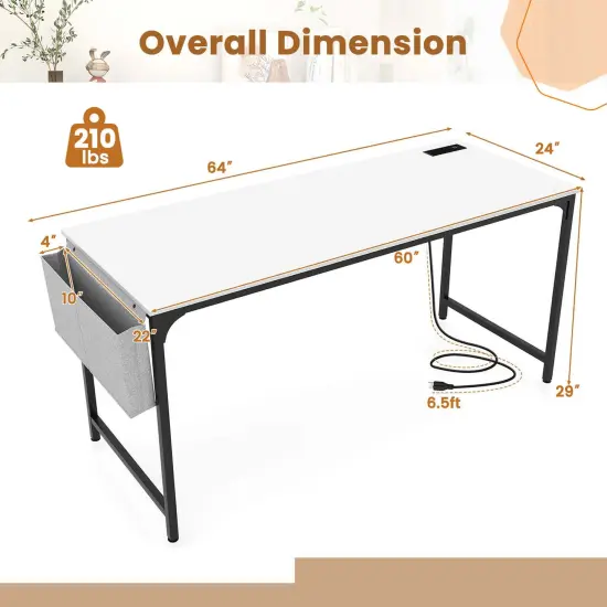 Costway 60" Modern Computer Desk with Charging Station with Storage Bag & Headphone Hook White {3}