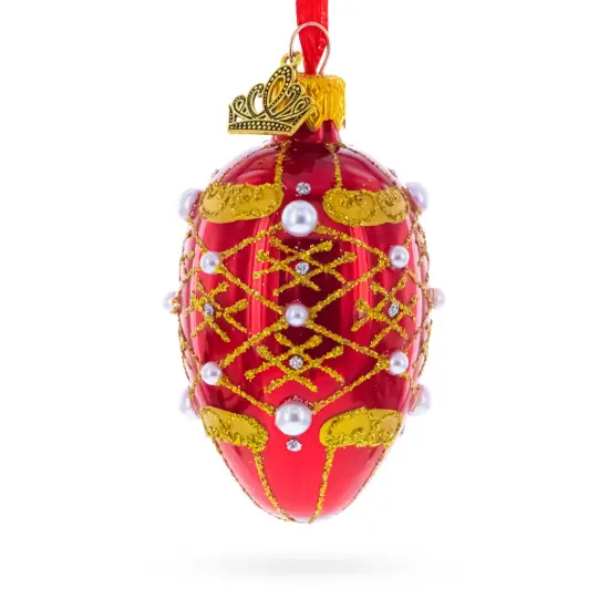 Red with Gold Glitter, Pearl Accents, and Floral Design Mini Glass Egg Ornament 2.9 Inches {3}