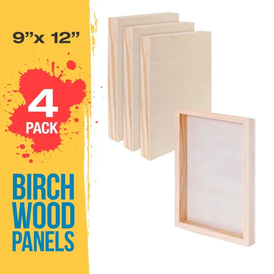 Unfinished Cradled Wood Panels for Painting, 4 Pack of 9x12 inch - Gallery Birch Wooden Canvas Boards 1-1/2" Deep - Mixed-Media Craft, Acrylic, Oil, Encaustic, Paint Pouring {2}