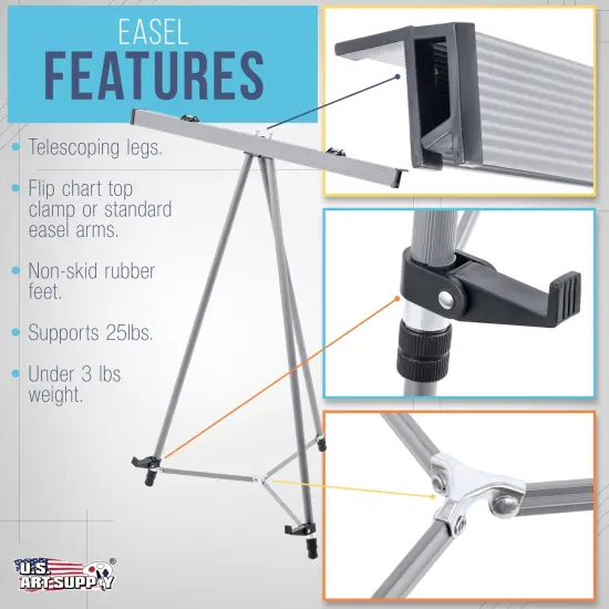 66" High Classroom Silver Aluminum Flip Chart Easel & Presentation Stand - Adjustable Floor/Tabletop, Portable Tripod, Holds 25 lbs., for Chart Paper, Poster Boards, & Pads {3}