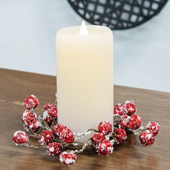 Snowy Red Jingle Bell Candle Ring &ndash; Festive Christmas Accent with White Flocking & Red Bells for Holiday Decor {3}