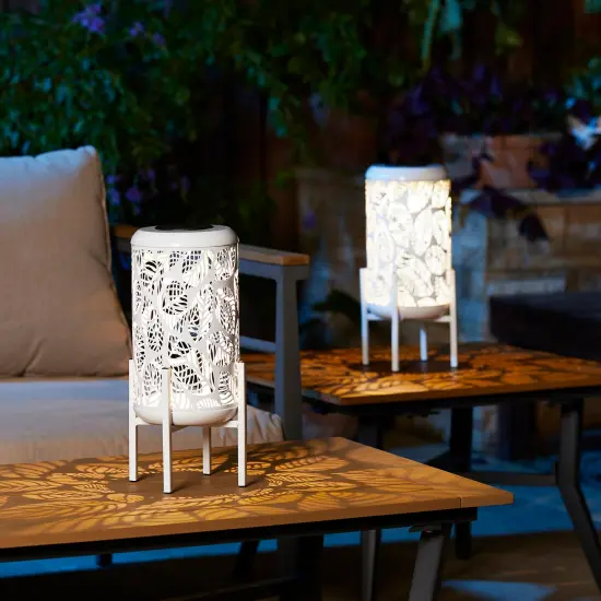Set of 2 14.25"H Metal Cutout Leaves Pattern Solar Powered LED Outdoor Lantern with Stand 2pcs White {3}