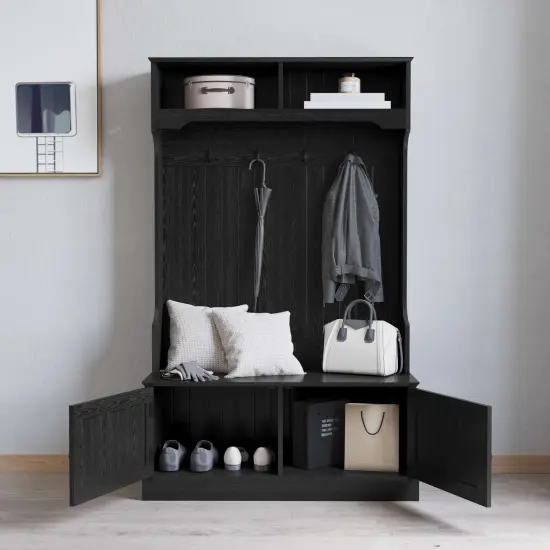 Merrick Lane Wallen Hallway Tree with Bench Seating, 4 Double Coat Hooks, Upper Storage and Double Door Under Bench Storage Black {3}