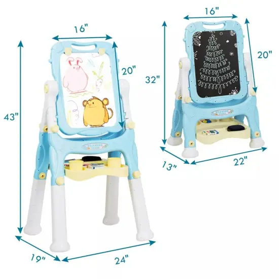 Kids Gift Double Sided Art Creative Easel Adjustable Height w/Accessories Blue {5}