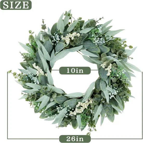 26" Eucalyptus Wreath Large Artificial Greenery Outdoor/Indoor Wreath Spring/Summer Wreath Green Wreaths for Front Door Porch Window Wall Hanging Decor All Year Round Wreath（Green） {2}