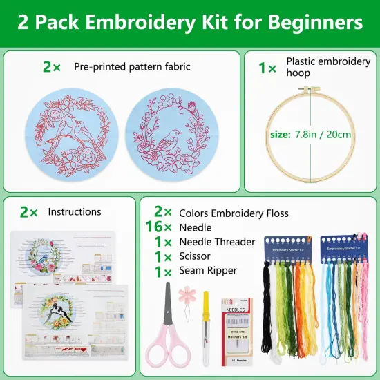 Embroidery Kit for Beginners Adults,Bird-Hummingbird Embroidery Kit Cross Stitch Kits for Beginner Easy to Learn Stitches Instruction Video Stamped Embroidery Pattern Flowers B2-2 Sets {6}
