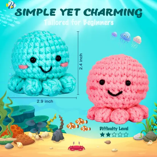 Crochetta Crochet Kit for Beginners, Amigurumi Crocheting Animals Kits w Step-by-Step Video Tutorials, Knitting Starter Pack for Adults and Kids, Jumbo 2 Octopus Familly (40%+ Yarn Content) {6}