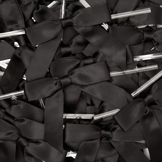 100-Pack Twist Tie Bows - Black 3" Satin Ribbon Small Bows For Gift Wrapping Treats Party Favors Craft Decoration {5}