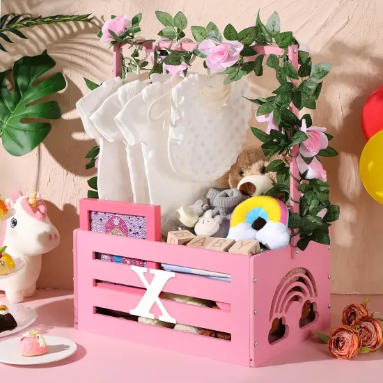 Wooden Baby Shower Crate Closet Rainbow Baby Storage Crate Hamper with Handle Garland 26 Letter Basket Baby Shower Wooden Gift Crate for Girls Boys Pregnancy Gifts for Parents (Pink) {4}