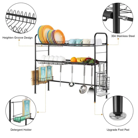 Stainless Steel 2-Tier Adjustable Dish Rack 304 Rust-Proof Kitchen Organizer with Removable Hanging Baskets, Water Tray & Non-Slip Feet Space-Saving Drying Rack for Utensils, Pots, Dishes {3}