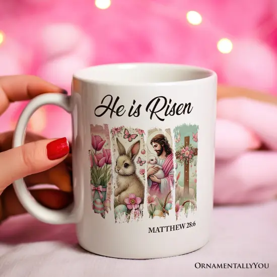 He Is Risen Easter Jesus Mug, Matthew 28:6 Christian Gift {1}