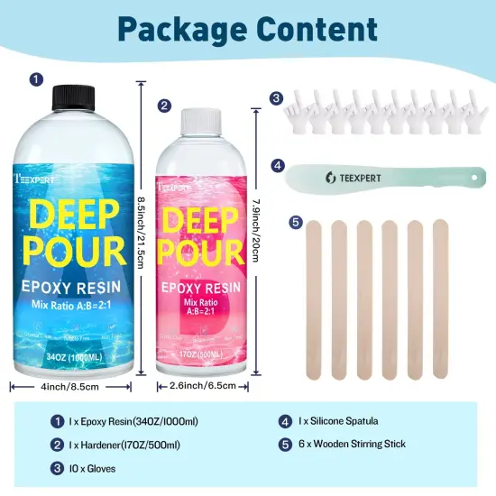 Teexpert Deep Pour Epoxy Resin, 51oz Epoxy Resin Kit for 2-4" Pour Depths, Crystal Clear & High Gloss, Bubble-Free Casting Resin for Flower Preservation, River Tables and Mold Crafts - 2:1 Mix Ratio {6}