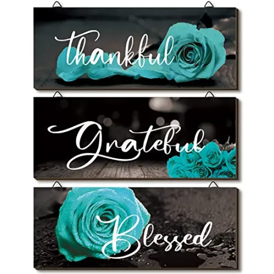 3 Pieces Rose Wooden Wall Decor Thankful Grateful Blessed Wooden Signs Inspirational Wall Art Signs Wedding Wall Decor for Room Kitchen Bathroom (Teal,16 x 6 Inch) {3}