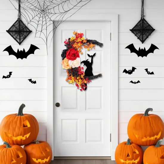 Cat Halloween Door Wreath White Rose Moon Cat Grapevine Wreath - Orange {4}