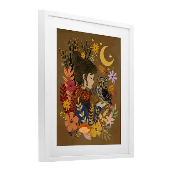 Autumn Owl & Girl Framed Print Under Glass Art Black {9}