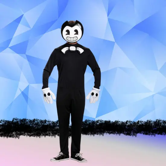 Classic Bendy Teen adult Costume Black Jumpsuit with Mask and Gloves Set Black/White {3}