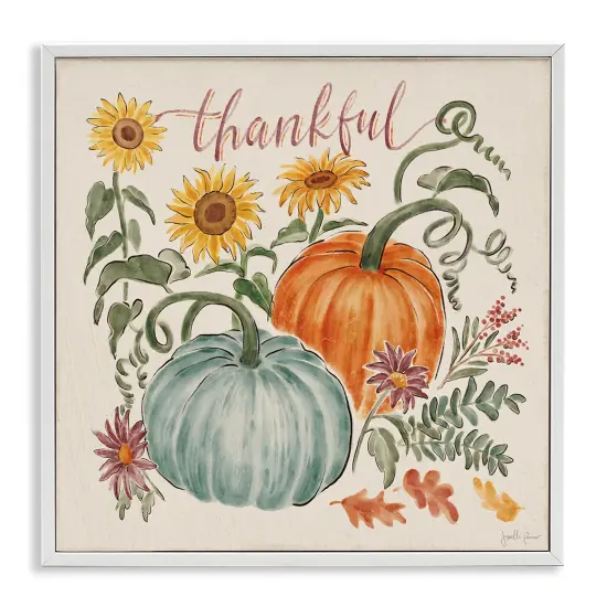 Thankful Text Autumnal Flower Blossoms Pumpkins Design Framed Giclee Art White {1}